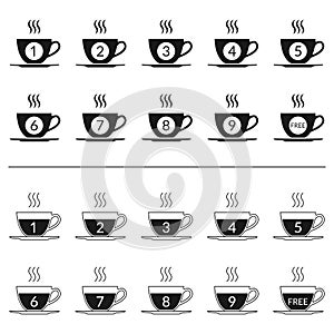 Coffee loyalty card concept with coffee cup icons. Buy 9 cups and get 1 for free. Cafe beverage promotion design template. Vector